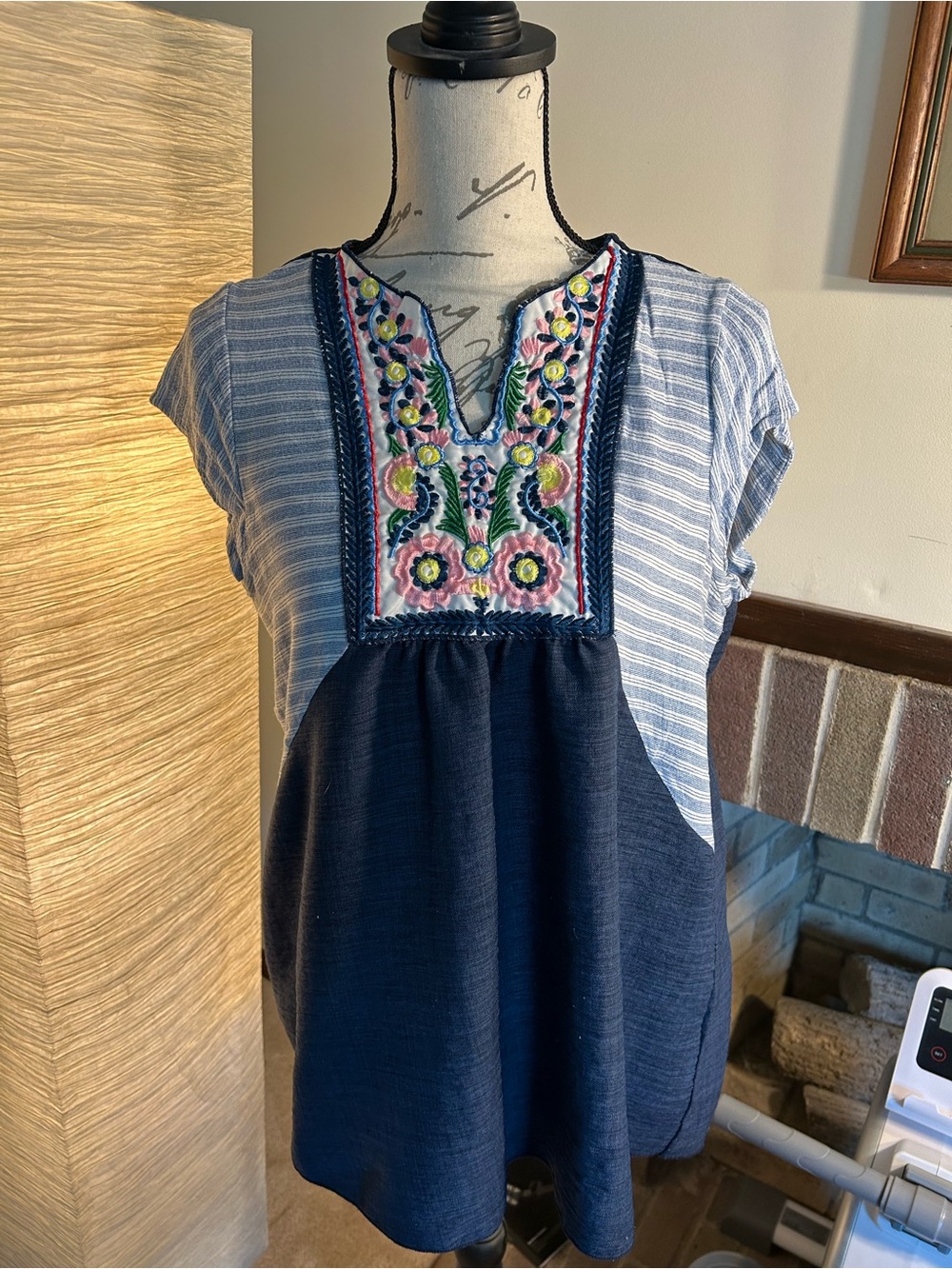 Embroidered Navy & Light Blue Women's Peasant Top